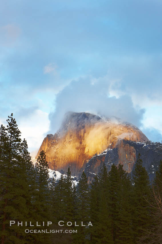 Half Dome and storm clouds at sunset, viewed from Sentinel Bridge. Yosemite National Park, California, USA, natural history stock photograph, photo id 22760