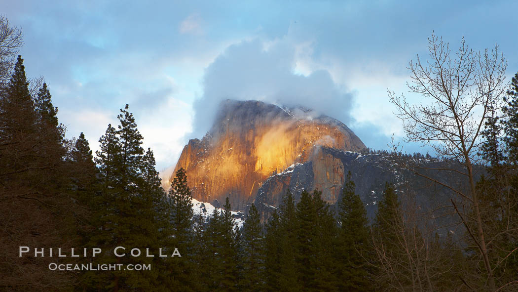Half Dome and storm clouds at sunset, viewed from Sentinel Bridge. Yosemite National Park, California, USA, natural history stock photograph, photo id 22759