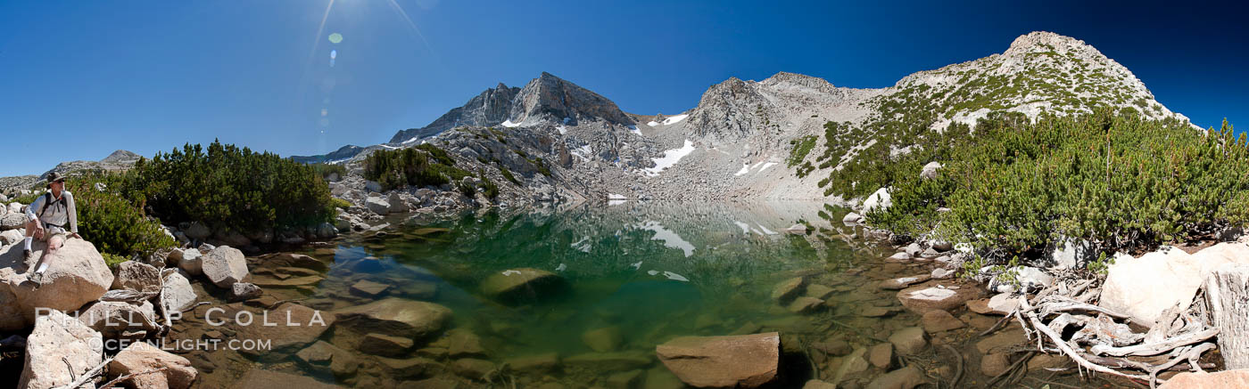 Hanging Basket Lake (10601'), with Fletcher Peak (11410') rising above on the right, panoramic view, Yosemite National Park, California