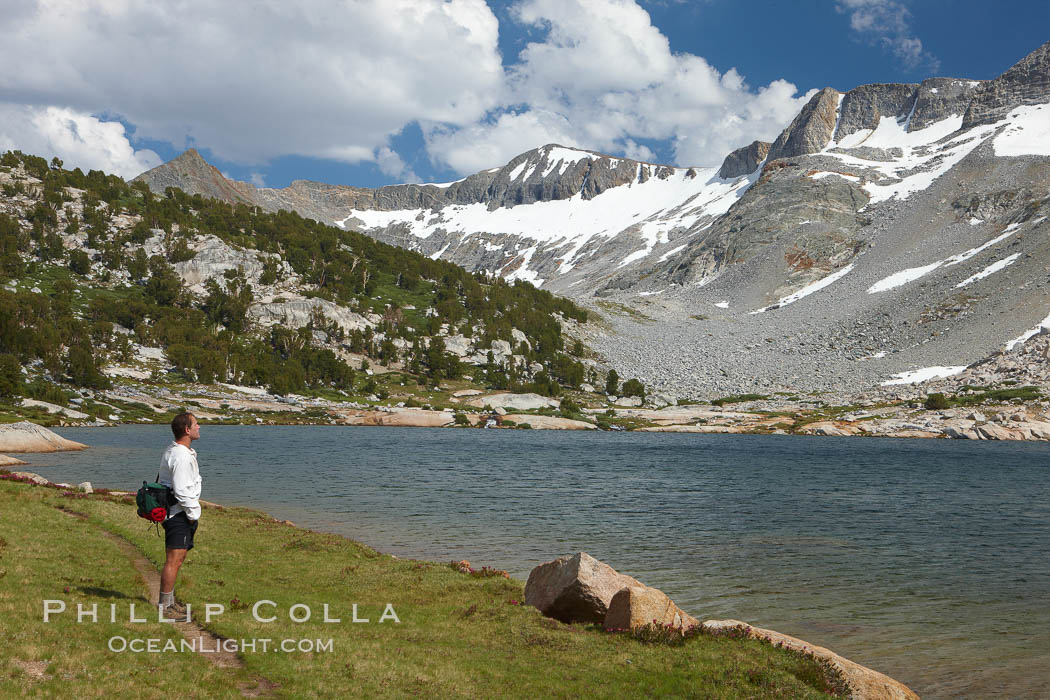 Hiker admires Townsley Lake (10396') and the Cathedral Range in Yosemite's High Sierra. Yosemite National Park, California, USA, natural history stock photograph, photo id 23227
