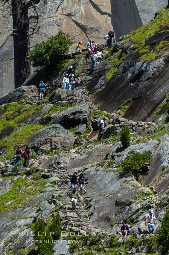 Hikers climb the Mist Trail hrough Little Yosemite Valley.  Spring. Yosemite National Park, California, USA, natural history stock photograph, photo id 09206