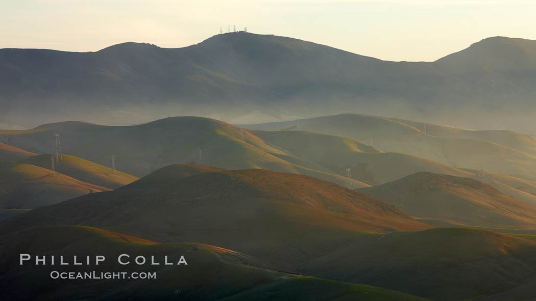 Hills between Morro Bay and Atascadero, early morning light, power transmission lines and signal attenae. California, USA, natural history stock photograph, photo id 22222