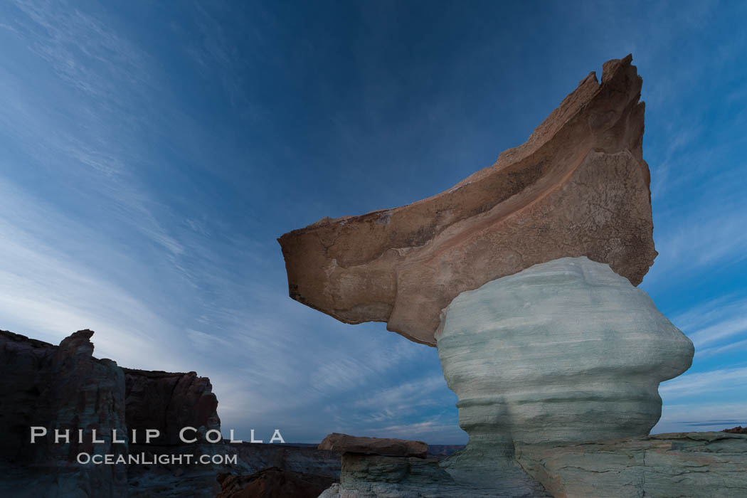 Pedestal rock, or hoodoo, at Stud Horse Point.  These hoodoos form when erosion occurs around but not underneath a more resistant caprock that sits atop of the hoodoo spire. Page, Arizona, USA, natural history stock photograph, photo id 26667