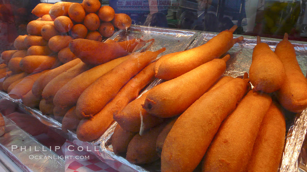 Hot Dog on a Stick, corn dog, greasy fried fatty food. Del Mar Fair, California, USA, natural history stock photograph, photo id 20860