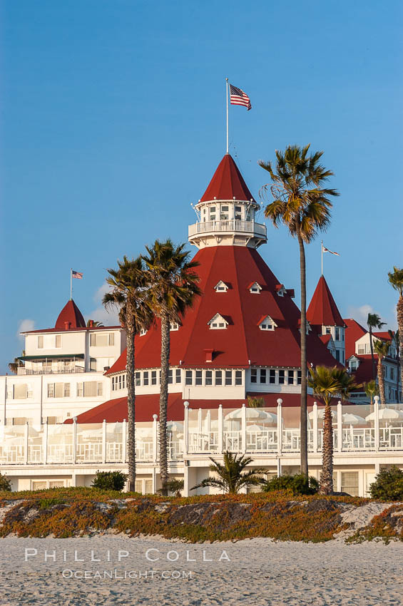 The Hotel del Coronado sits on the beach on the western edge of Coronado Island in San Diego.  It is widely considered to be one of Americas most beautiful and classic hotels.  Built in 1888, it was designated a National Historic Landmark in 1977. California, USA, natural history stock photograph, photo id 07949