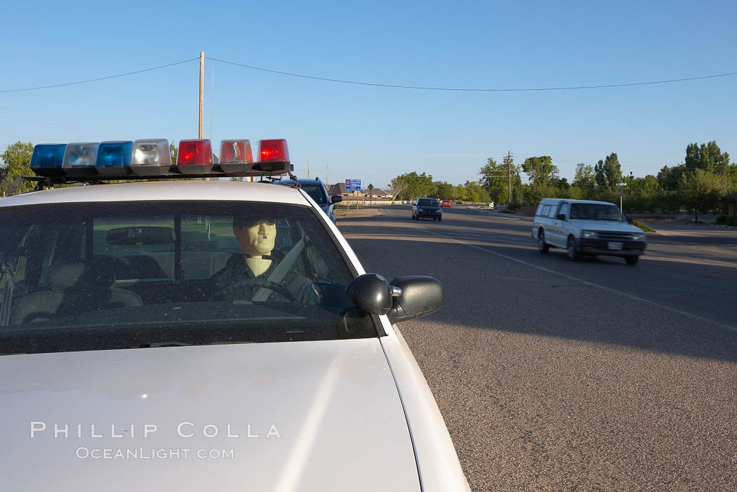 Inflatable cop. Kanab's Finest, hard at work. A Kanab police officer actively enforcing the speed limit in the town of Kanab, Utah