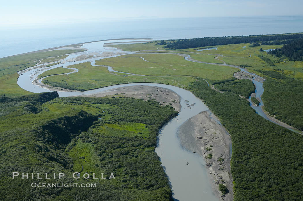 Johnson River, side waters and tidal sloughs, flowing among sedge grass meadows before emptying into Cook Inlet, Lake Clark National Park, Alaska