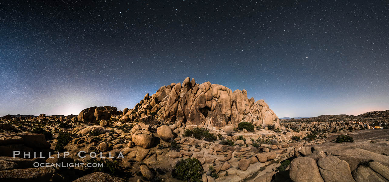 Jumbo Rocks and Stars at Night, landscape lit by a full moon. Joshua Tree National Park, California, USA, natural history stock photograph, photo id 29187