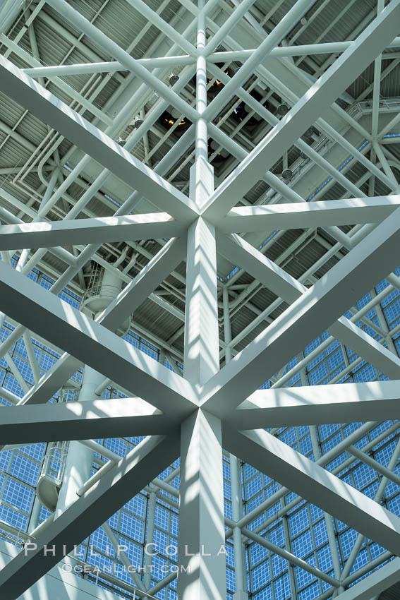 Los Angeles Convention Center, south hall, interior design exhibiting exposed space frame steel beams and glass enclosure., natural history stock photograph, photo id 29146