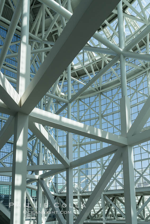 Los Angeles Convention Center, south hall, interior design exhibiting exposed space frame steel beams and glass enclosure., natural history stock photograph, photo id 29150