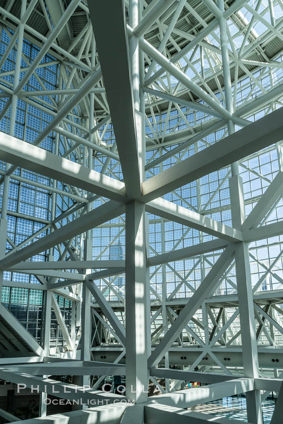 Los Angeles Convention Center, south hall, interior design exhibiting exposed space frame steel beams and glass enclosure., natural history stock photograph, photo id 29154
