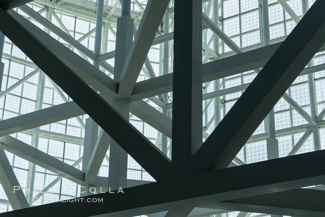 Los Angeles Convention Center, south hall, interior design exhibiting exposed space frame steel beams and glass enclosure., natural history stock photograph, photo id 29149