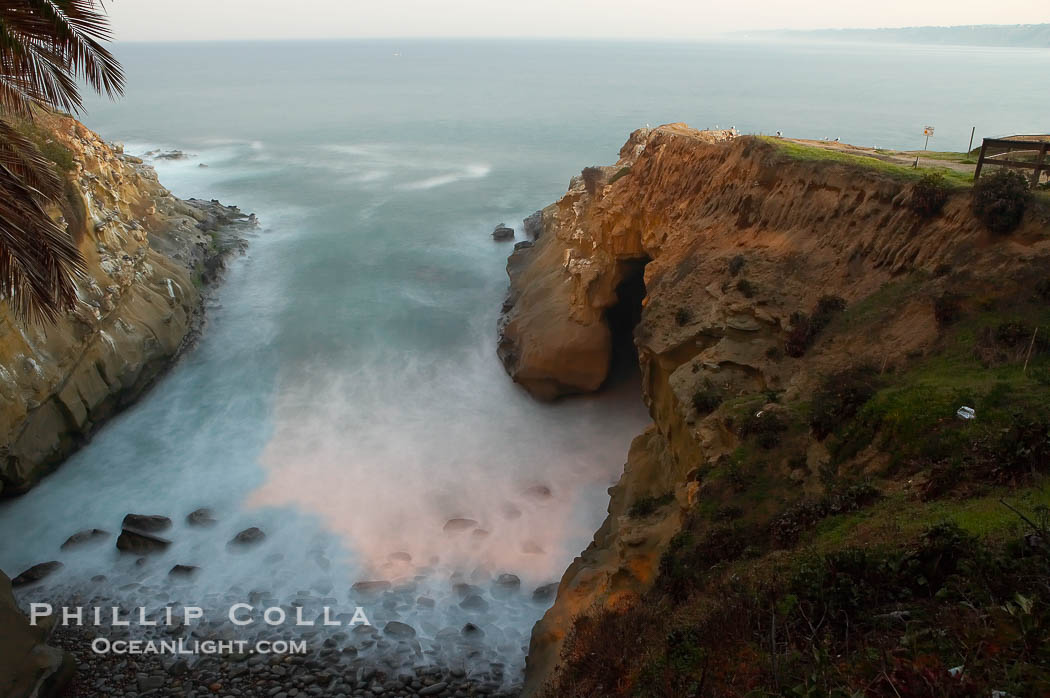 La Jolla Cave and rocky cove, waves blur at sunrise., natural history stock photograph, photo id 18288