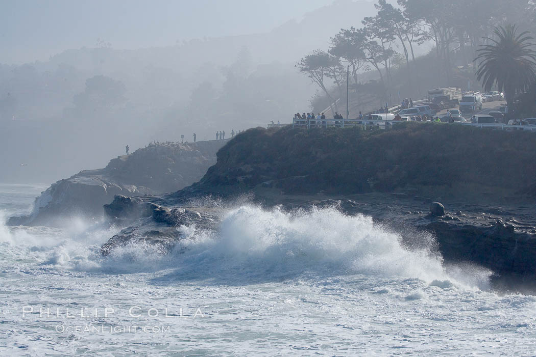 Giant surf crashes against the cliffs above La Jolla Caves, December 21, 2005., natural history stock photograph, photo id 14824