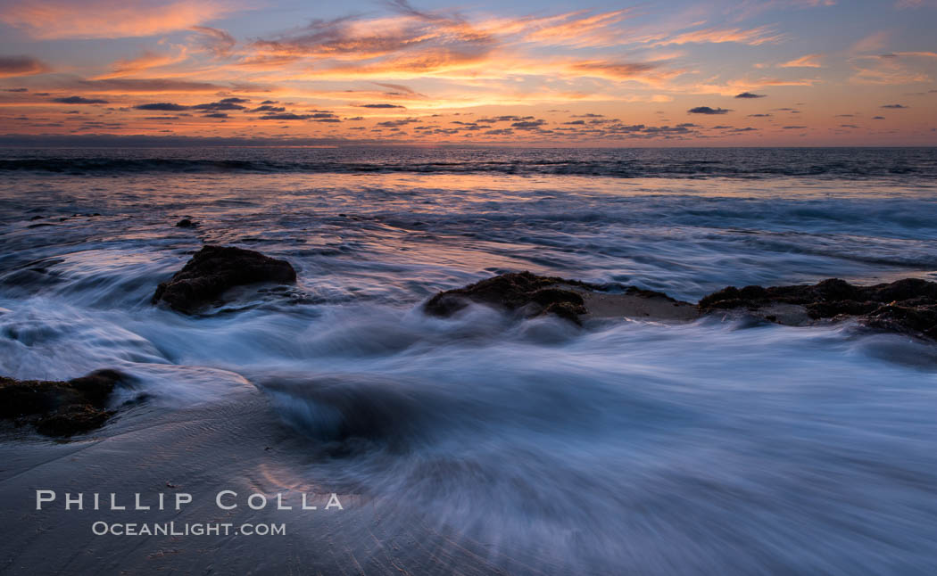 La Jolla coast sunset, waves wash over sandstone reef, clouds and sky. California, USA, natural history stock photograph, photo id 27894