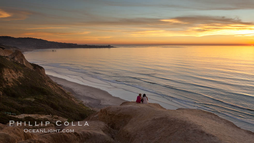 Sunset falls upon Torrey Pines State Reserve, viewed from the Torrey Pines glider port.  La Jolla, Scripps Institution of Oceanography and Scripps Pier are seen in the distance. California, USA, natural history stock photograph, photo id 26435
