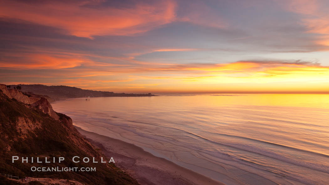 Sunset falls upon Torrey Pines State Reserve, viewed from the Torrey Pines glider port.  La Jolla, Scripps Institution of Oceanography and Scripps Pier are seen in the distance. California, USA, natural history stock photograph, photo id 26439