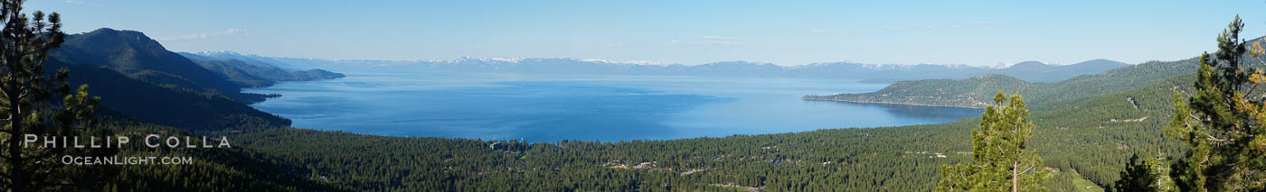 Panorama of Lake Tahoe, viewed from above Incline Village.  Sitting between the Carson Range to the east and the Sierra Nevada to the west, Lake Tahoe was formed about 2 to 3 million years ago and is now the second deepest lake in the United States, and tenth deepest in the world, at 1645 ft (501m) deep.  It lies at an altitude of 6225 feet (1897m) above sea level. This view is from the north end of Lake Tahoe looking south