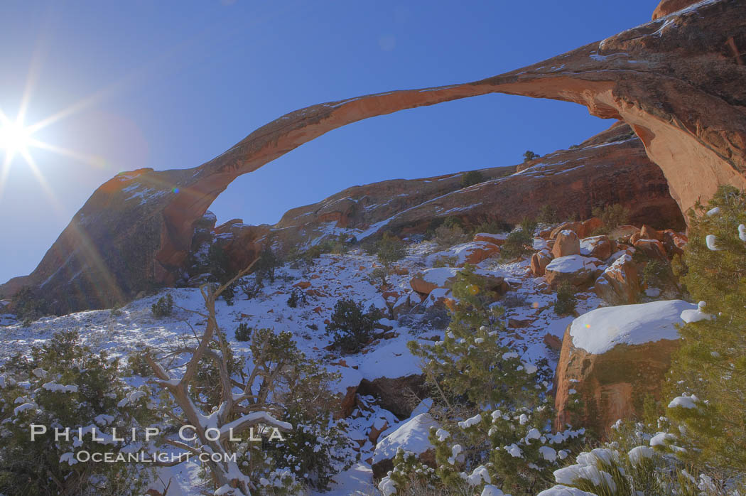 Landscape Arch in winter. Landscape Arch has an amazing 306-foot span. Arches National Park, Utah, USA, natural history stock photograph, photo id 18116