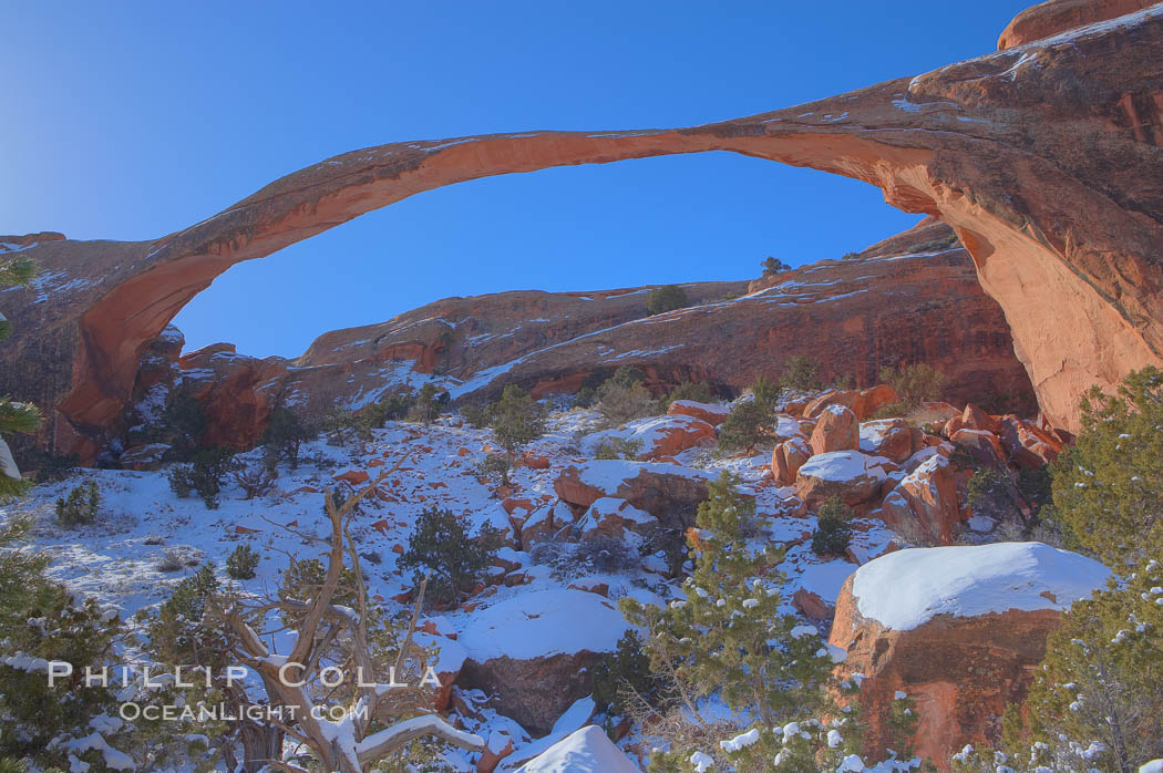 Landscape Arch in winter. Landscape Arch has an amazing 306-foot span. Arches National Park, Utah, USA, natural history stock photograph, photo id 18115