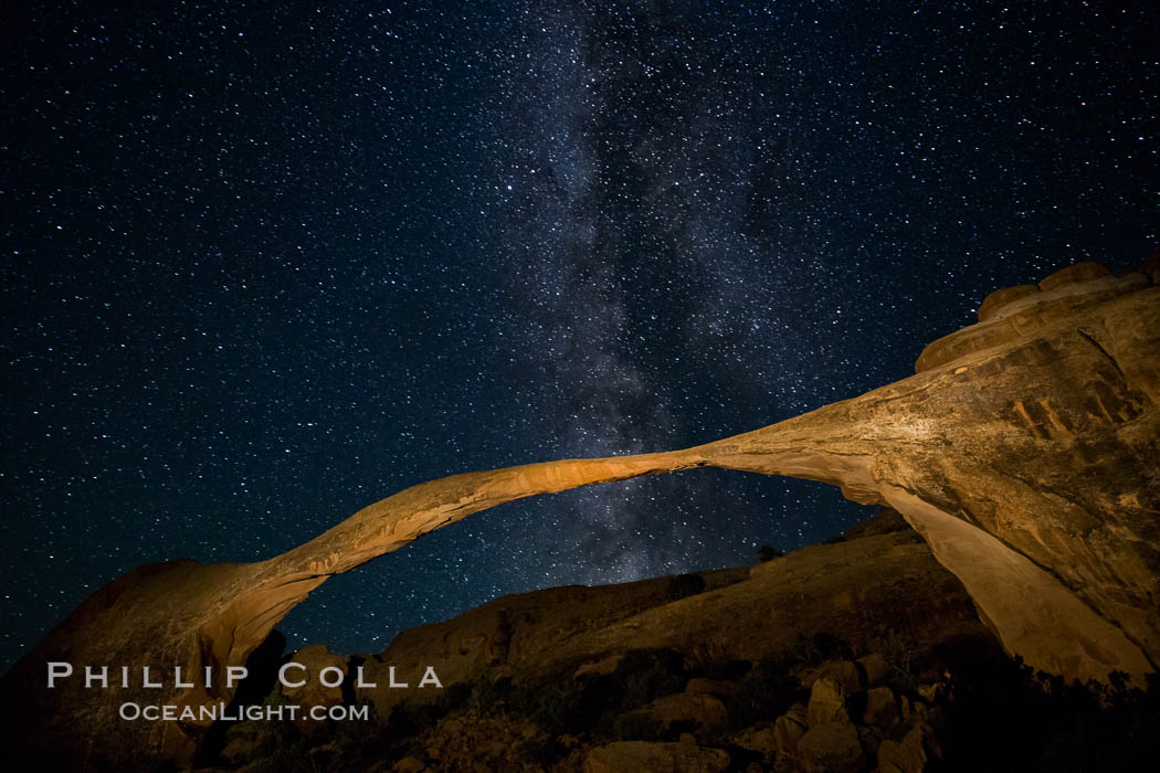 Landscape Arch and Milky Way, stars rise over the arch at night. Arches National Park, Utah, USA, natural history stock photograph, photo id 27871