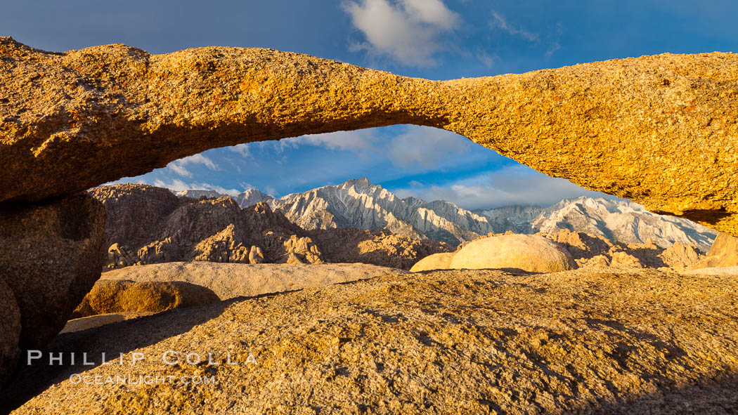 Lathe Arch and Lone Pine Peak, sunrise. Alabama Hills Recreational Area, California, USA, natural history stock photograph, photo id 27650