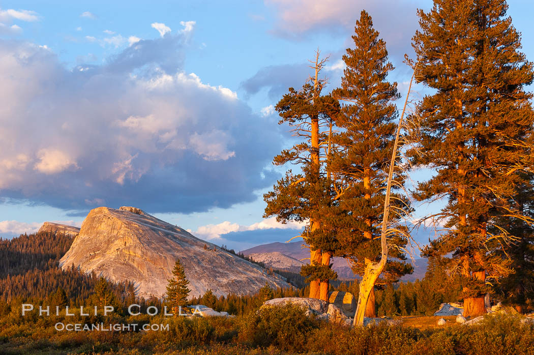 Lembert Dome and late afternoon clouds rise above Tuolumne Meadows in the High Sierra, catching the fading light of sunset, Yosemite National Park, California