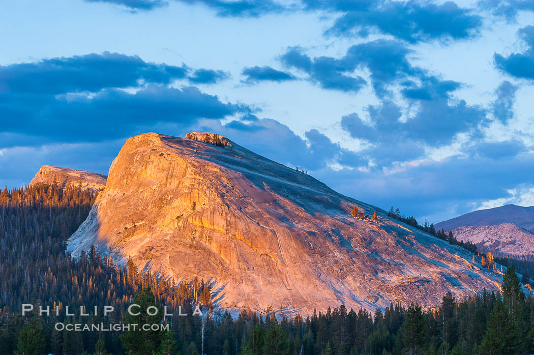 Lembert Dome rises above Tuolumne Meadows in the High Sierra, catching the fading light of sunset, Yosemite National Park, California