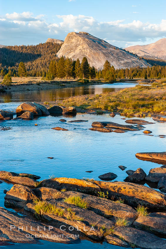 The Tuolumne River flows serenely through Tuolumne Meadows in the High Sierra. Lembert Dome is seen in the background. Yosemite National Park, California, USA, natural history stock photograph, photo id 09942