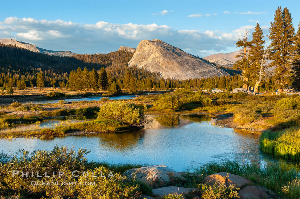 The Tuolumne River flows serenely through Tuolumne Meadows in the High Sierra. Lembert Dome is seen in the background. Yosemite National Park, California, USA, natural history stock photograph, photo id 09940