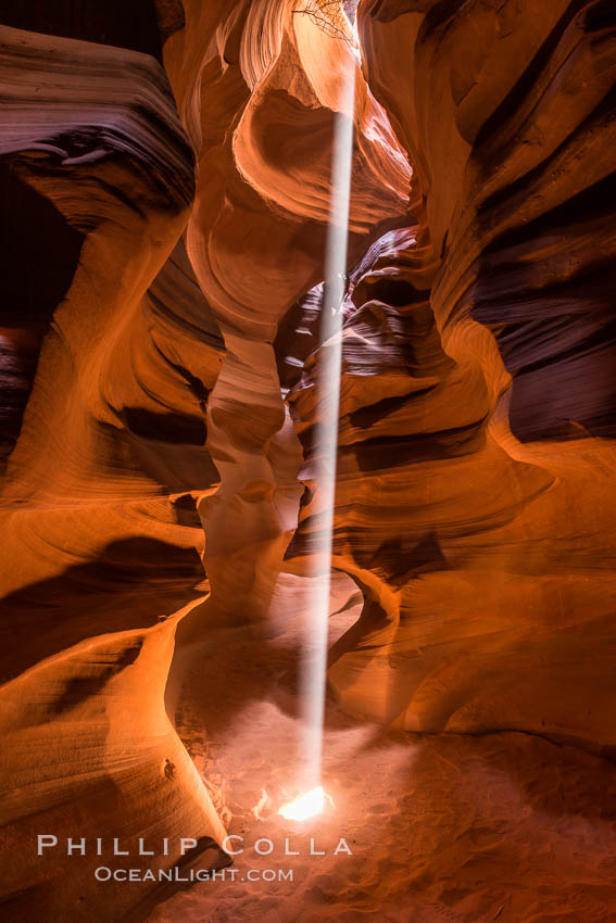 Light Beam in Upper Antelope Slot Canyon.  Thin shafts of light briefly penetrate the convoluted narrows of Upper Antelope Slot Canyon, sending piercing beams through the sandstone maze to the sand floor below. Navajo Tribal Lands, Page, Arizona, USA, natural history stock photograph, photo id 28570