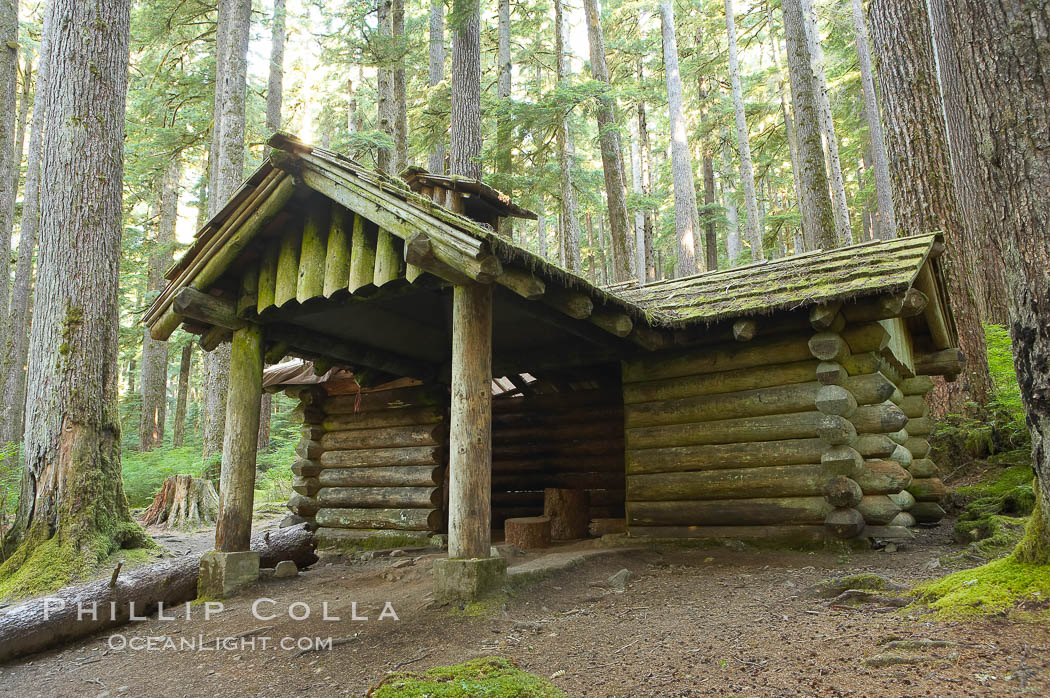 Log cabin on the trail to Sol Duc Falls, Sol Duc Springs, Olympic National Park, Washington