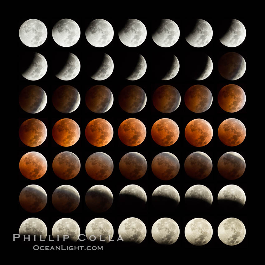 Lunar eclipse sequence. While the moon lies in the full shadow of the earth (umbra) it receives only faint, red-tinged light refracted through the Earth's atmosphere. As the moon passes into the penumbra it receives increasing amounts of direct sunlight, eventually leaving the shadow of the Earth altogether. October 8, 2014