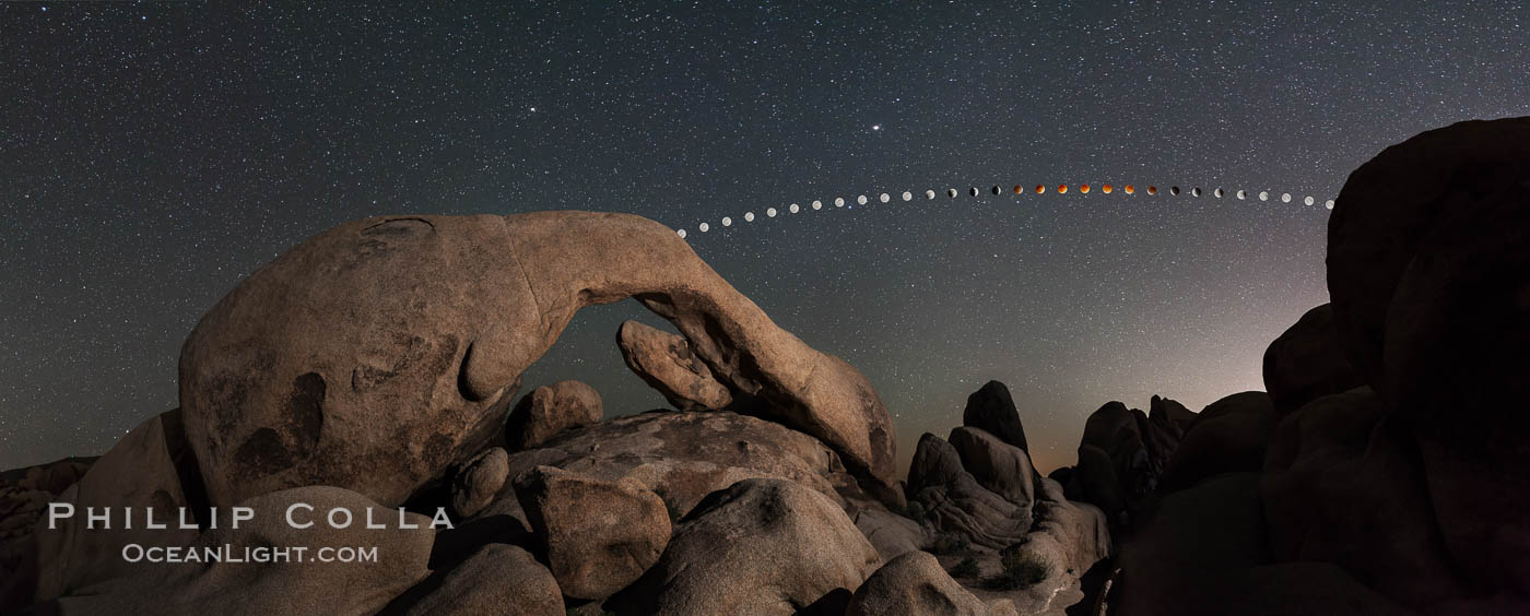 Lunar Eclipse and blood red moon sequence over Arch Rock, planet Mars above the moon, composite image, Joshua Tree National Park, April 14/15 2014