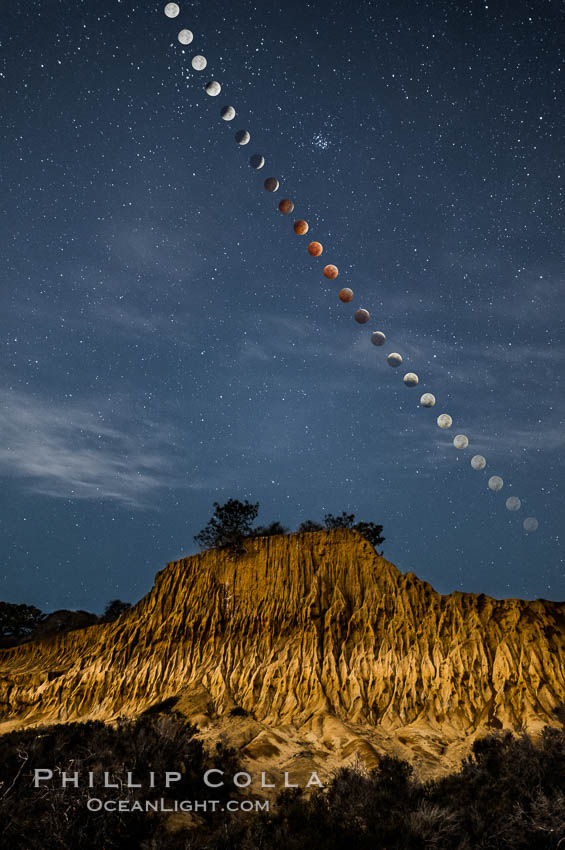 Lunar Eclipse Sequence Over Broken Hill, Torrey Pines State Reserve. While the moon lies in the full shadow of the earth (umbra) it receives only faint, red-tinged light refracted through the Earth's atmosphere. As the moon passes into the penumbra it receives increasing amounts of direct sunlight, eventually leaving the shadow of the Earth altogether. October 8, 2014, San Diego, California