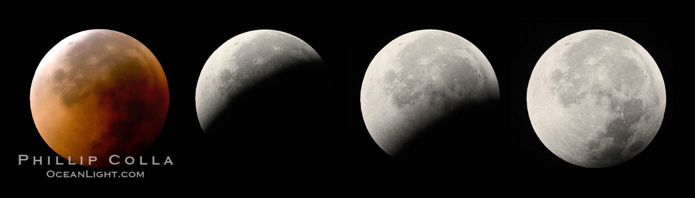 Lunar eclipse sequence, showing total eclipse (left) through full moon (right). While the moon lies in the full shadow of the earth (umbra) it receives only faint, red-tinged light refracted through the Earth's atmosphere. As the moon passes into the penumbra it receives increasing amounts of direct sunlight, eventually leaving the shadow of the Earth altogether. August 28, 2007, Earth Orbit, Solar System, Milky Way Galaxy, The Universe