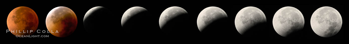 Lunar eclipse sequence, showing total eclipse (left) through full moon (right).  While the moon lies in the full shadow of the earth (umbra) it receives only faint, red-tinged light refracted through the Earth's atmosphere.  As the moon passes into the penumbra it receives increasing amounts of direct sunlight, eventually leaving the shadow of the Earth altogether.  August 28, 2007, Earth Orbit, Solar System, Milky Way Galaxy, The Universe