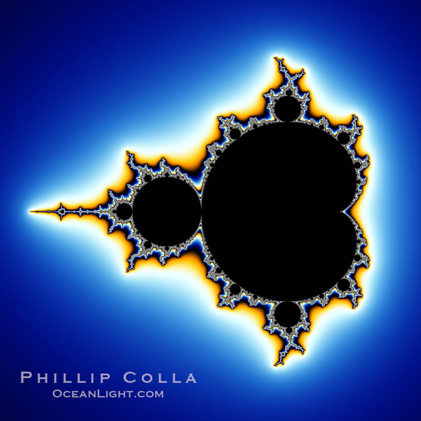 The Mandelbrot Fractal.  Fractals are complex geometric shapes that exhibit repeating patterns typified by <i>self-similarity</i>, or the tendency for the details of a shape to appear similar to the shape itself.  Often these shapes resemble patterns occurring naturally in the physical world, such as spiraling leaves, seemingly random coastlines, erosion and liquid waves.  Fractals are generated through surprisingly simple underlying mathematical expressions, producing subtle and surprising patterns.  The basic iterative expression for the Mandelbrot set is z = z-squared + c, operating in the complex (real, imaginary) number set., Mandelbrot set, natural history stock photograph, photo id 10370