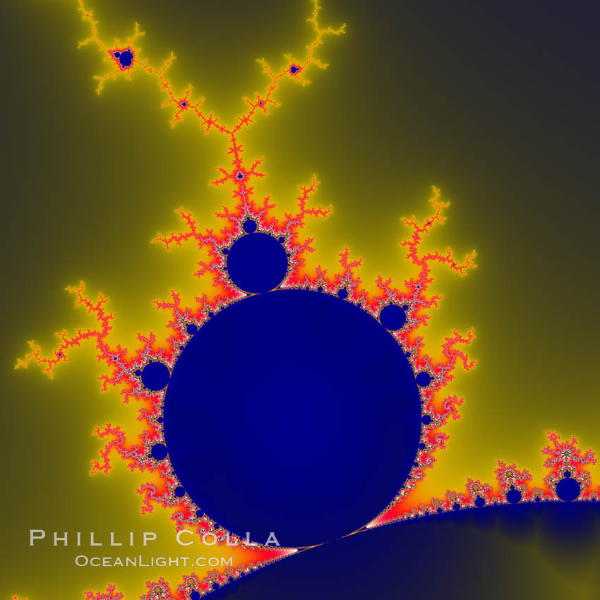 Detail within the Mandelbrot set fractal.  This detail is found by zooming in on the overall Mandelbrot set image, finding edges and buds with interesting features.  Fractals are complex geometric shapes that exhibit repeating patterns typified by <i>self-similarity</i>, or the tendency for the details of a shape to appear similar to the shape itself.  Often these shapes resemble patterns occurring naturally in the physical world, such as spiraling leaves, seemingly random coastlines, erosion and liquid waves.  Fractals are generated through surprisingly simple underlying mathematical expressions, producing subtle and surprising patterns.  The basic iterative expression for the Mandelbrot set is z = z-squared + c, operating in the complex (real, imaginary) number set., Mandelbrot set, natural history stock photograph, photo id 10378