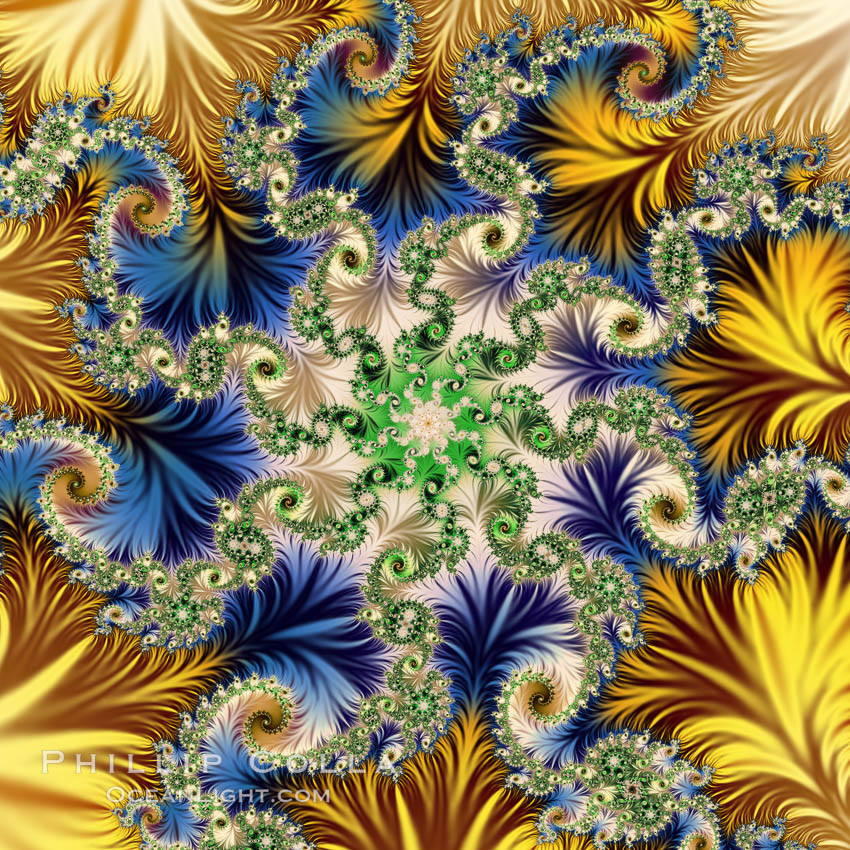 Detail within the Mandelbrot set fractal.  This detail is found by zooming in on the overall Mandelbrot set image, finding edges and buds with interesting features.  Fractals are complex geometric shapes that exhibit repeating patterns typified by <i>self-similarity</i>, or the tendency for the details of a shape to appear similar to the shape itself.  Often these shapes resemble patterns occurring naturally in the physical world, such as spiraling leaves, seemingly random coastlines, erosion and liquid waves.  Fractals are generated through surprisingly simple underlying mathematical expressions, producing subtle and surprising patterns.  The basic iterative expression for the Mandelbrot set is z = z-squared + c, operating in the complex (real, imaginary) number set., Mandelbrot set, natural history stock photograph, photo id 10390