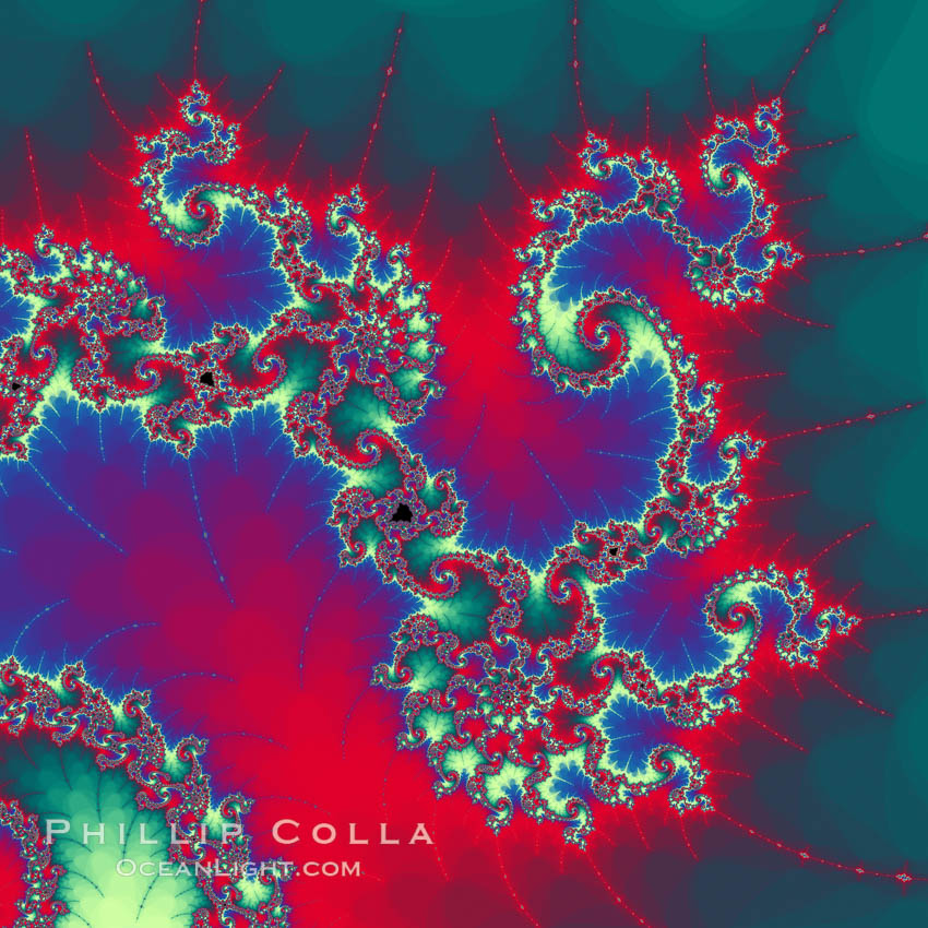 Detail within the Mandelbrot set fractal.  This detail is found by zooming in on the overall Mandelbrot set image, finding edges and buds with interesting features.  Fractals are complex geometric shapes that exhibit repeating patterns typified by <i>self-similarity</i>, or the tendency for the details of a shape to appear similar to the shape itself.  Often these shapes resemble patterns occurring naturally in the physical world, such as spiraling leaves, seemingly random coastlines, erosion and liquid waves.  Fractals are generated through surprisingly simple underlying mathematical expressions, producing subtle and surprising patterns.  The basic iterative expression for the Mandelbrot set is z = z-squared + c, operating in the complex (real, imaginary) number set., Mandelbrot set, natural history stock photograph, photo id 10394