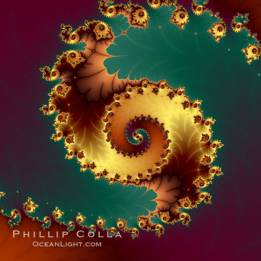 Detail within the Mandelbrot set fractal.  This detail is found by zooming in on the overall Mandelbrot set image, finding edges and buds with interesting features.  Fractals are complex geometric shapes that exhibit repeating patterns typified by <i>self-similarity</i>, or the tendency for the details of a shape to appear similar to the shape itself.  Often these shapes resemble patterns occurring naturally in the physical world, such as spiraling leaves, seemingly random coastlines, erosion and liquid waves.  Fractals are generated through surprisingly simple underlying mathematical expressions, producing subtle and surprising patterns.  The basic iterative expression for the Mandelbrot set is z = z-squared + c, operating in the complex (real, imaginary) number set., Mandelbrot set, natural history stock photograph, photo id 10406