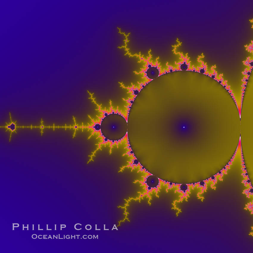 The Mandelbrot Fractal.  Fractals are complex geometric shapes that exhibit repeating patterns typified by <i>self-similarity</i>, or the tendency for the details of a shape to appear similar to the shape itself.  Often these shapes resemble patterns occurring naturally in the physical world, such as spiraling leaves, seemingly random coastlines, erosion and liquid waves.  Fractals are generated through surprisingly simple underlying mathematical expressions, producing subtle and surprising patterns.  The basic iterative expression for the Mandelbrot set is z = z-squared + c, operating in the complex (real, imaginary) number set., Mandelbrot set, natural history stock photograph, photo id 18738