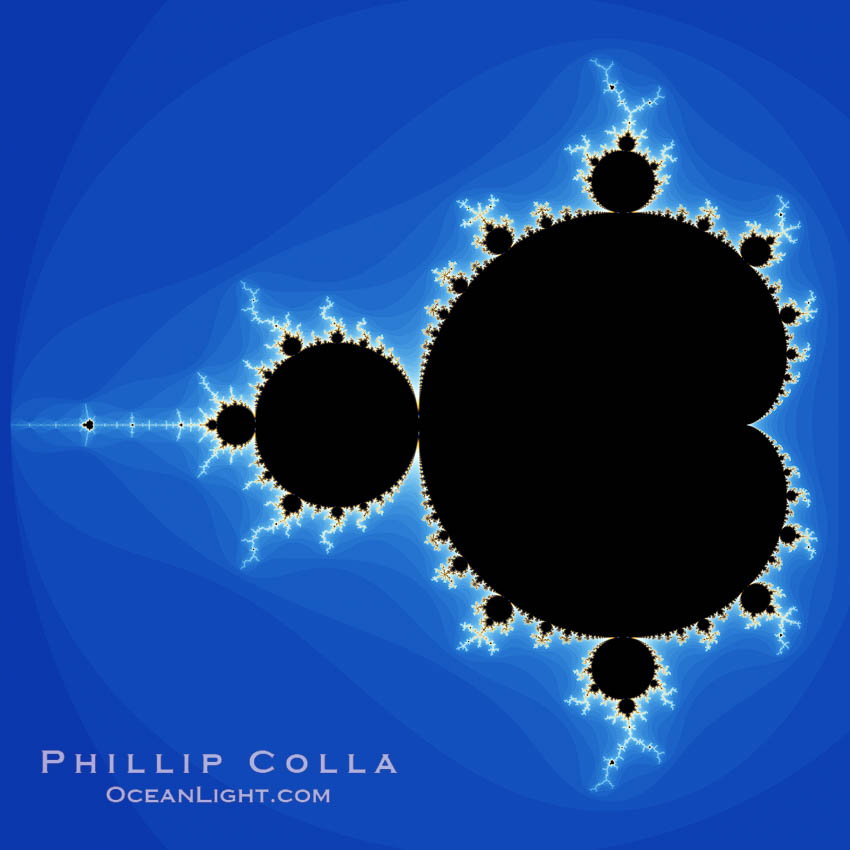 The Mandelbrot Fractal.  Fractals are complex geometric shapes that exhibit repeating patterns typified by <i>self-similarity</i>, or the tendency for the details of a shape to appear similar to the shape itself.  Often these shapes resemble patterns occurring naturally in the physical world, such as spiraling leaves, seemingly random coastlines, erosion and liquid waves.  Fractals are generated through surprisingly simple underlying mathematical expressions, producing subtle and surprising patterns.  The basic iterative expression for the Mandelbrot set is z = z-squared + c, operating in the complex (real, imaginary) number set., Mandelbrot set, natural history stock photograph, photo id 10368