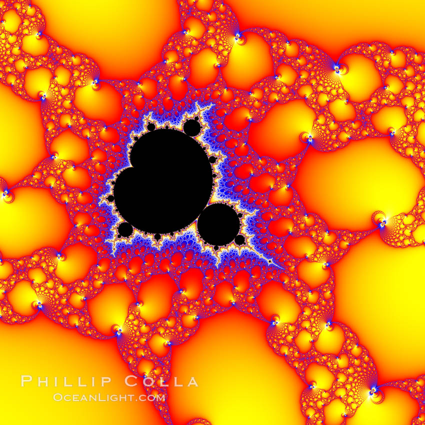 Detail within the Mandelbrot set fractal.  This detail is found by zooming in on the overall Mandelbrot set image, finding edges and buds with interesting features.  Fractals are complex geometric shapes that exhibit repeating patterns typified by self-similarity, or the tendency for the details of a shape to appear similar to the shape itself.  Often these shapes resemble patterns occurring naturally in the physical world, such as spiraling leaves, seemingly random coastlines, erosion and liquid waves.  Fractals are generated through surprisingly simple underlying mathematical expressions, producing subtle and surprising patterns.  The basic iterative expression for the Mandelbrot set is z = z-squared + c, operating in the complex (real, imaginary) number set, Mandelbrot set