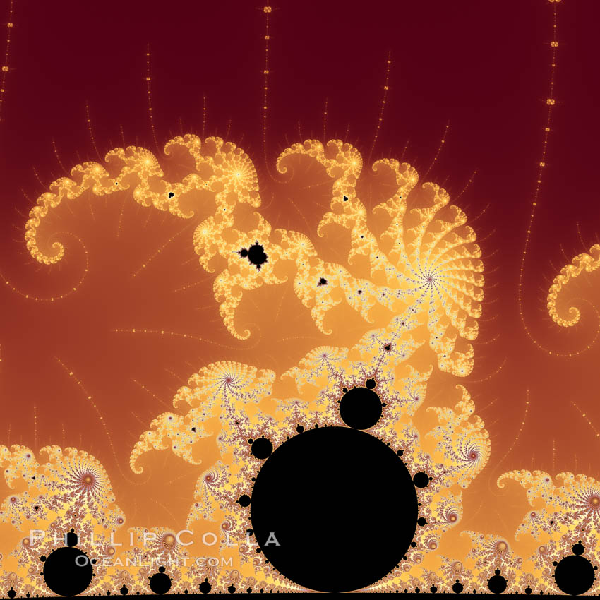 Detail within the Mandelbrot set fractal.  This detail is found by zooming in on the overall Mandelbrot set image, finding edges and buds with interesting features.  Fractals are complex geometric shapes that exhibit repeating patterns typified by <i>self-similarity</i>, or the tendency for the details of a shape to appear similar to the shape itself.  Often these shapes resemble patterns occurring naturally in the physical world, such as spiraling leaves, seemingly random coastlines, erosion and liquid waves.  Fractals are generated through surprisingly simple underlying mathematical expressions, producing subtle and surprising patterns.  The basic iterative expression for the Mandelbrot set is z = z-squared + c, operating in the complex (real, imaginary) number set., Mandelbrot set, natural history stock photograph, photo id 10384