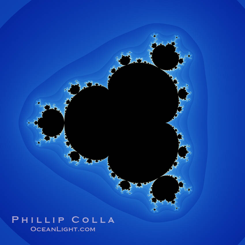 Detail within the Mandelbrot set fractal.  This detail is found by zooming in on the overall Mandelbrot set image, finding edges and buds with interesting features.  Fractals are complex geometric shapes that exhibit repeating patterns typified by <i>self-similarity</i>, or the tendency for the details of a shape to appear similar to the shape itself.  Often these shapes resemble patterns occurring naturally in the physical world, such as spiraling leaves, seemingly random coastlines, erosion and liquid waves.  Fractals are generated through surprisingly simple underlying mathematical expressions, producing subtle and surprising patterns.  The basic iterative expression for the Mandelbrot set is z = z-squared + c, operating in the complex (real, imaginary) number set., Mandelbrot set, natural history stock photograph, photo id 10416