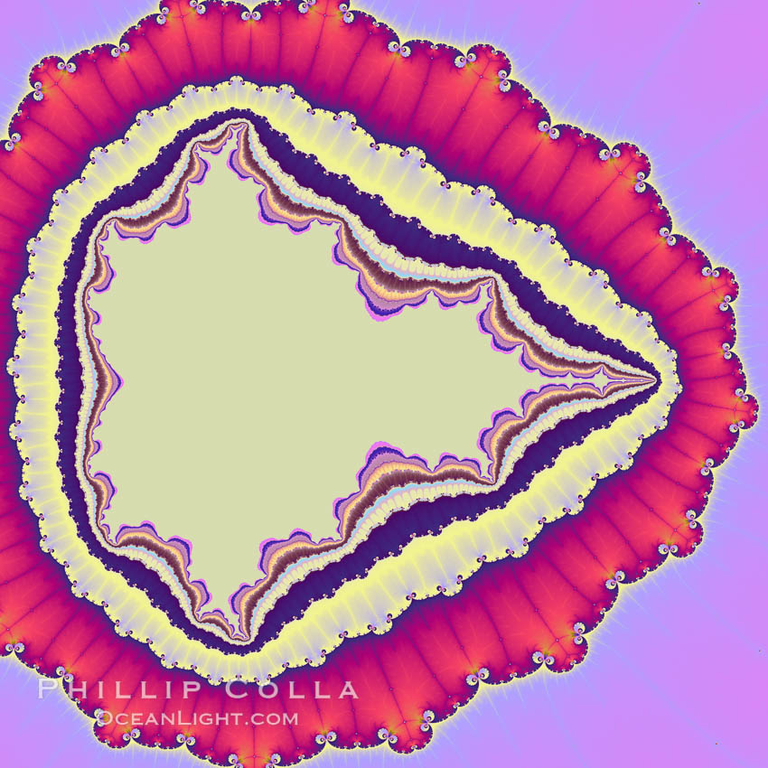 The Mandelbrot Fractal.  Fractals are complex geometric shapes that exhibit repeating patterns typified by <i>self-similarity</i>, or the tendency for the details of a shape to appear similar to the shape itself.  Often these shapes resemble patterns occurring naturally in the physical world, such as spiraling leaves, seemingly random coastlines, erosion and liquid waves.  Fractals are generated through surprisingly simple underlying mathematical expressions, producing subtle and surprising patterns.  The basic iterative expression for the Mandelbrot set is z = z-squared + c, operating in the complex (real, imaginary) number set., Mandelbrot set, natural history stock photograph, photo id 18724