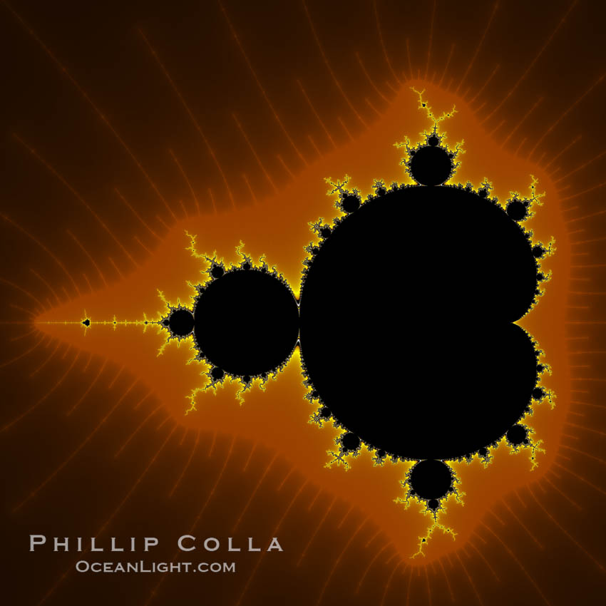 The Mandelbrot Fractal.  Fractals are complex geometric shapes that exhibit repeating patterns typified by <i>self-similarity</i>, or the tendency for the details of a shape to appear similar to the shape itself.  Often these shapes resemble patterns occurring naturally in the physical world, such as spiraling leaves, seemingly random coastlines, erosion and liquid waves.  Fractals are generated through surprisingly simple underlying mathematical expressions, producing subtle and surprising patterns.  The basic iterative expression for the Mandelbrot set is z = z-squared + c, operating in the complex (real, imaginary) number set., Mandelbrot set, natural history stock photograph, photo id 10371