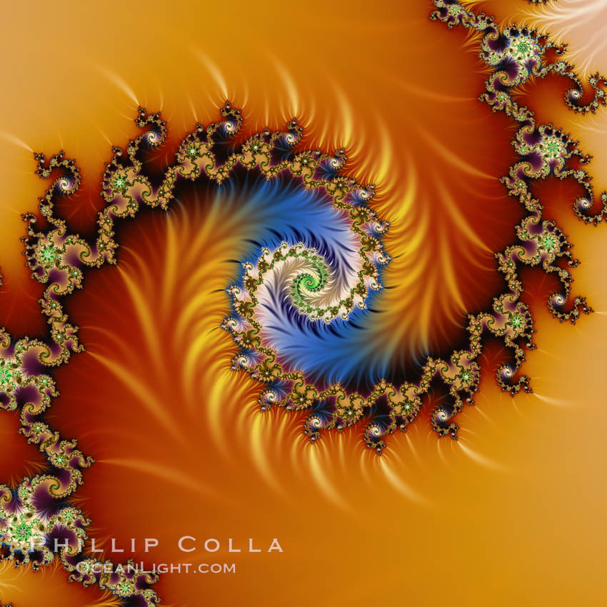 Detail within the Mandelbrot set fractal.  This detail is found by zooming in on the overall Mandelbrot set image, finding edges and buds with interesting features.  Fractals are complex geometric shapes that exhibit repeating patterns typified by <i>self-similarity</i>, or the tendency for the details of a shape to appear similar to the shape itself.  Often these shapes resemble patterns occurring naturally in the physical world, such as spiraling leaves, seemingly random coastlines, erosion and liquid waves.  Fractals are generated through surprisingly simple underlying mathematical expressions, producing subtle and surprising patterns.  The basic iterative expression for the Mandelbrot set is z = z-squared + c, operating in the complex (real, imaginary) number set., Mandelbrot set, natural history stock photograph, photo id 10391